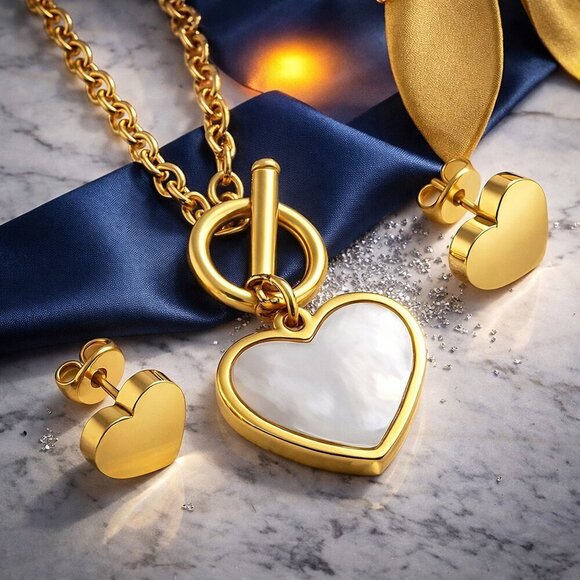 NKULTD Jewelry - 18K Gold Plated Stainless Steel White Shell Heart Toggle Necklace Earrings Set